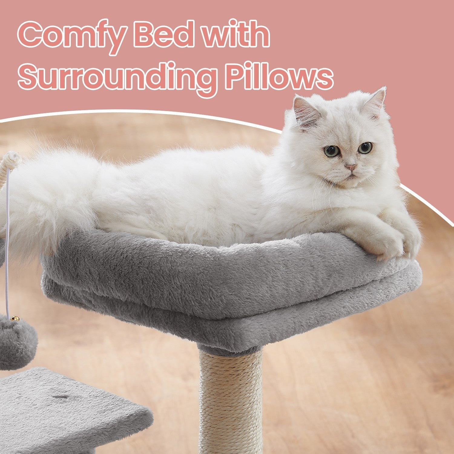 Cat Tree - Wood - Light Grey - 72 cm with Scratching Post and Three Pompoms