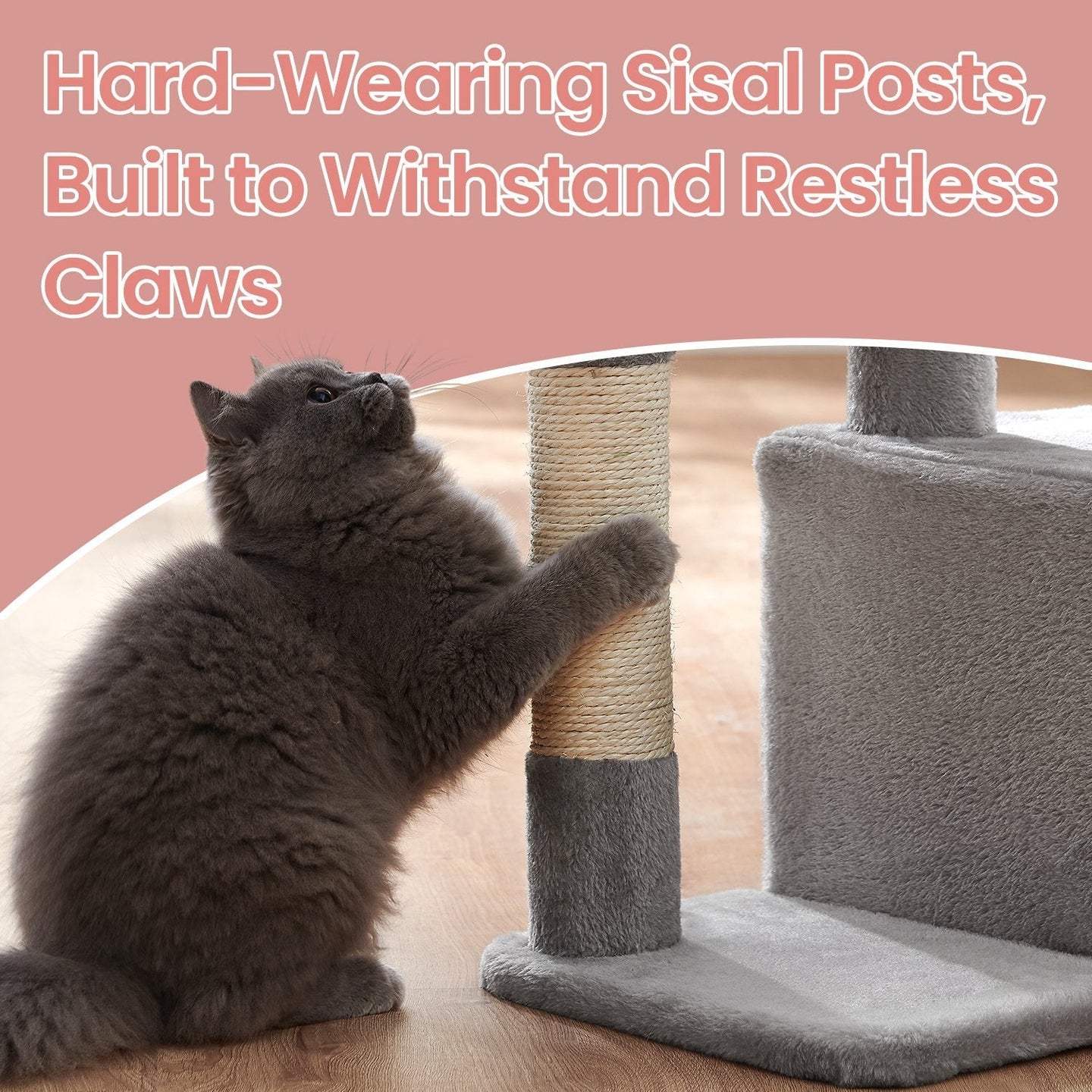 Cat Tree - Wood - Light Grey - 72 cm with Scratching Post and Three Pompoms