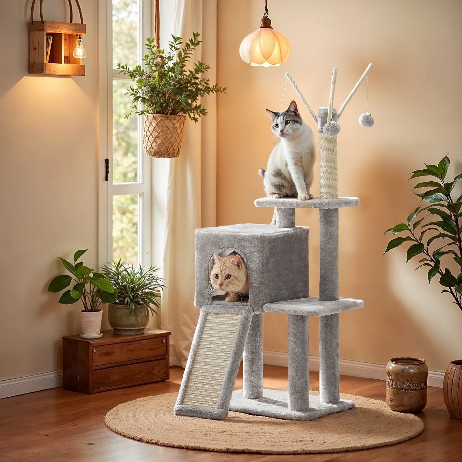 Small Cat Tree - Wood and Plush - Light Gray