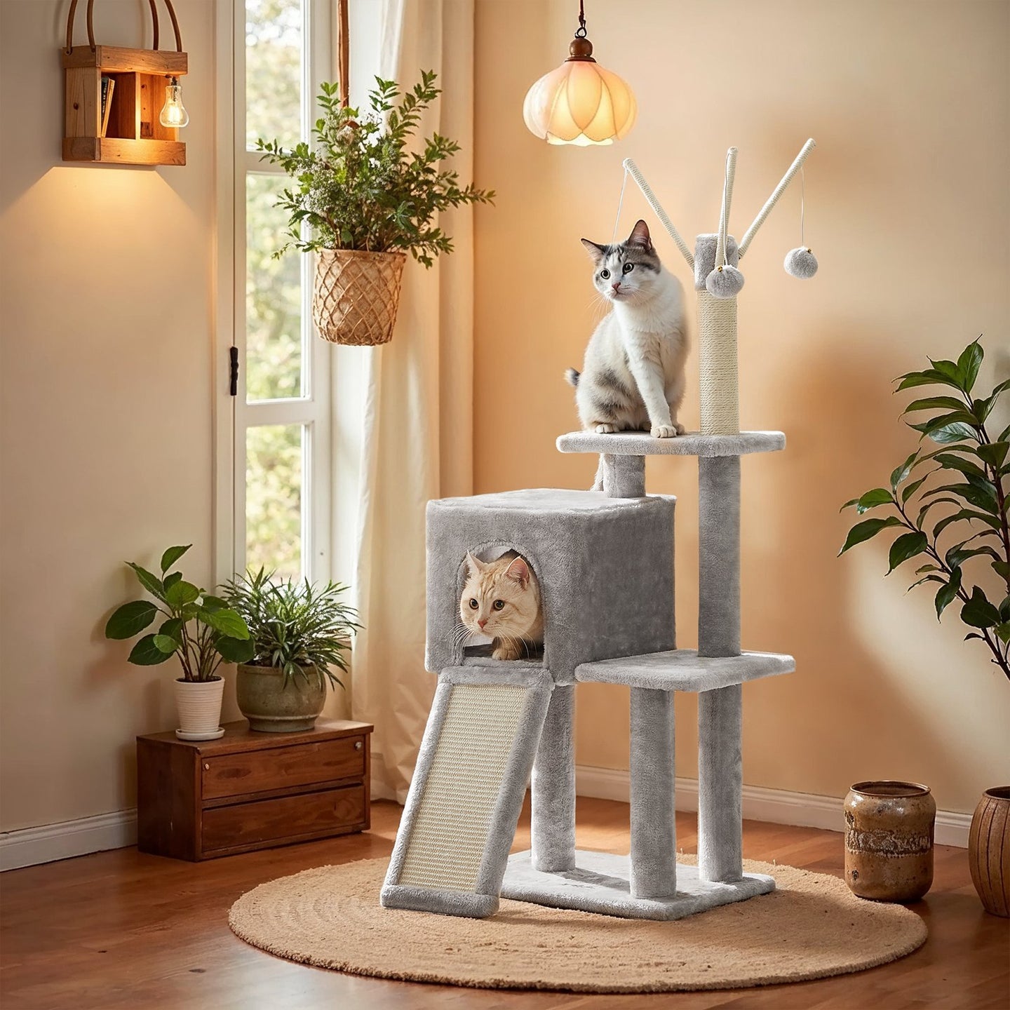 Small Cat Tree - Wood and Plush - Light Gray
