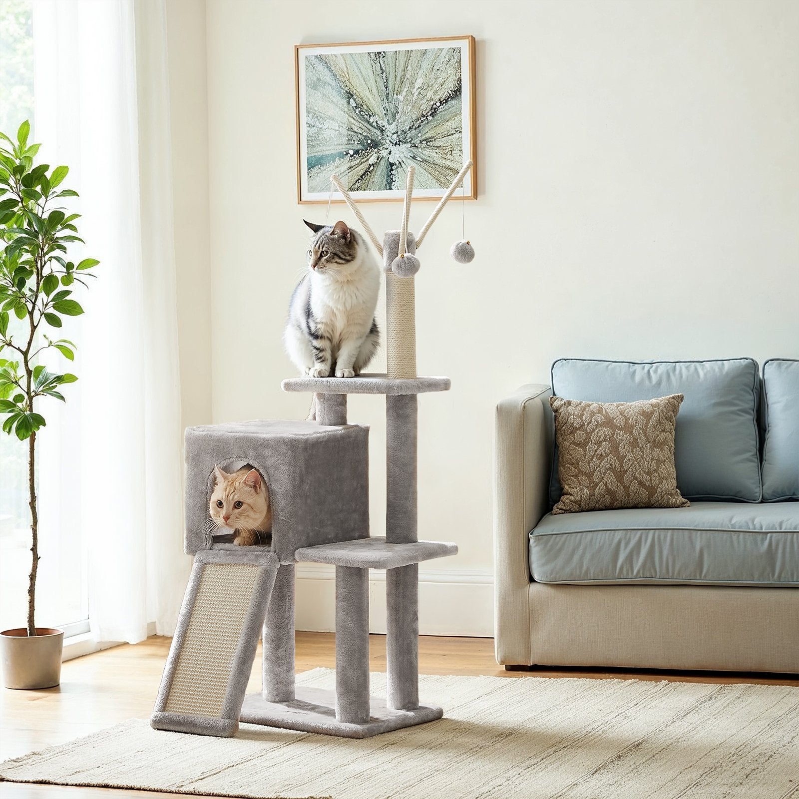 Small Cat Tree - Wood and Plush - Light Gray