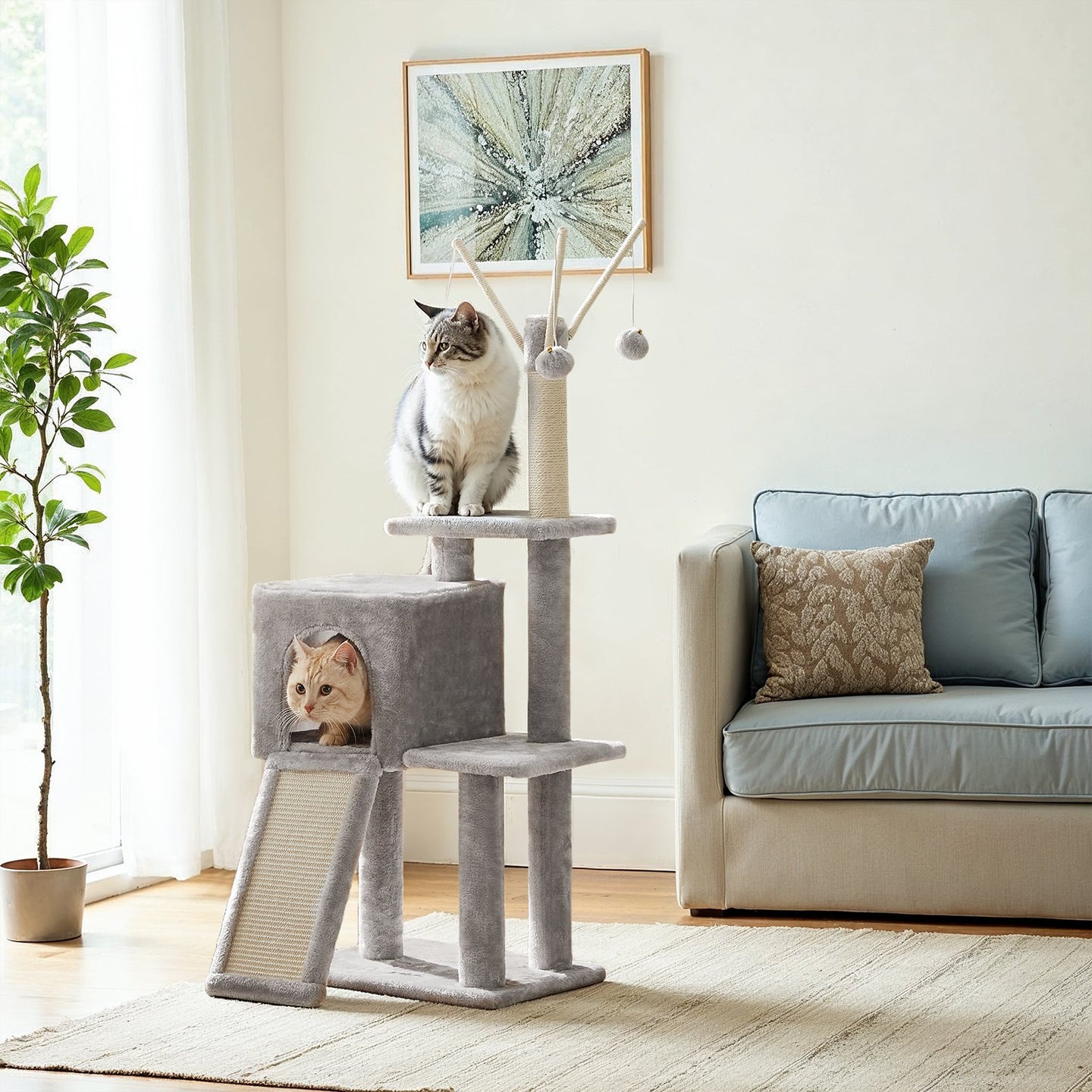Small Cat Tree - Wood and Plush - Light Gray