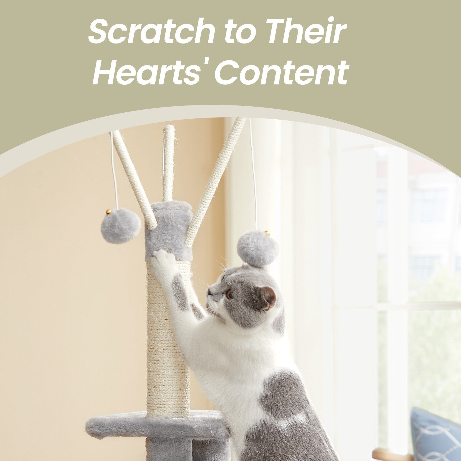 Small Cat Tree - Wood and Plush - Light Gray