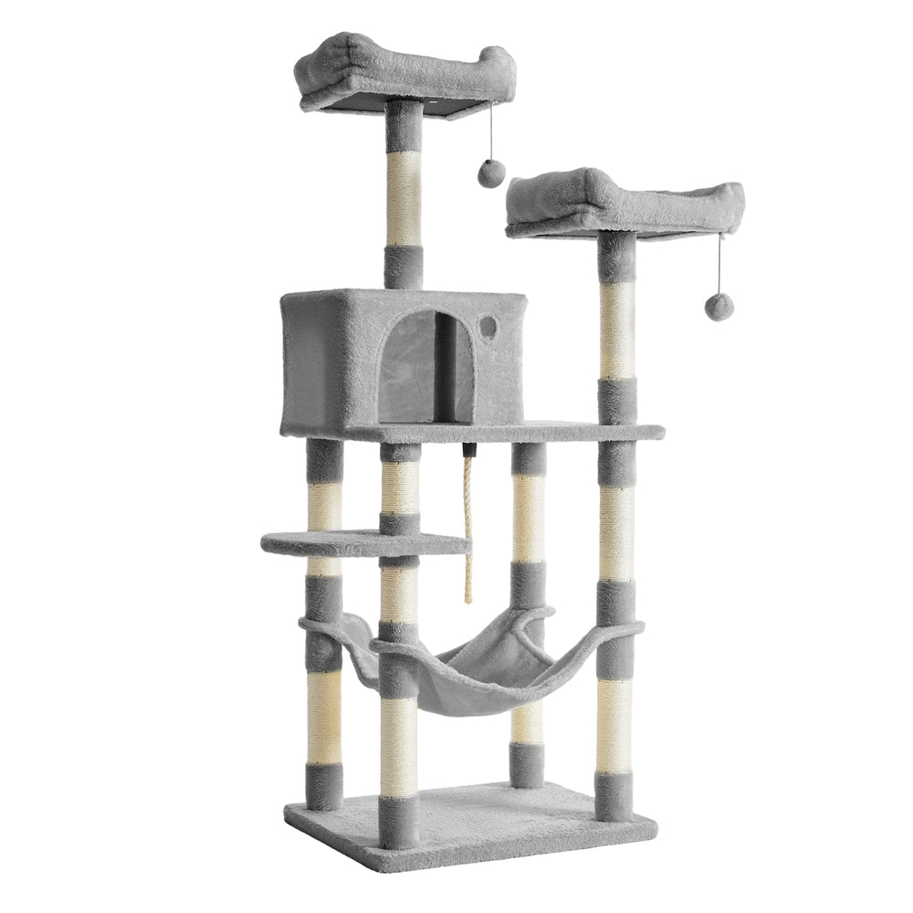 Cat Tree - Wood and Plush - Light Gray - with 11 Scratching Posts