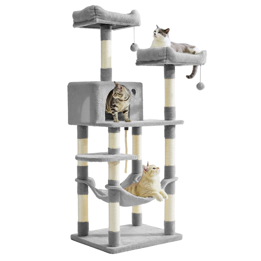 Cat Tree - Wood and Plush - Light Gray - with 11 Scratching Posts