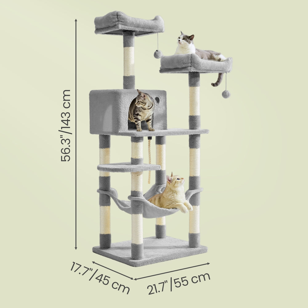 Cat Tree - Wood and Plush - Light Gray - with 11 Scratching Posts