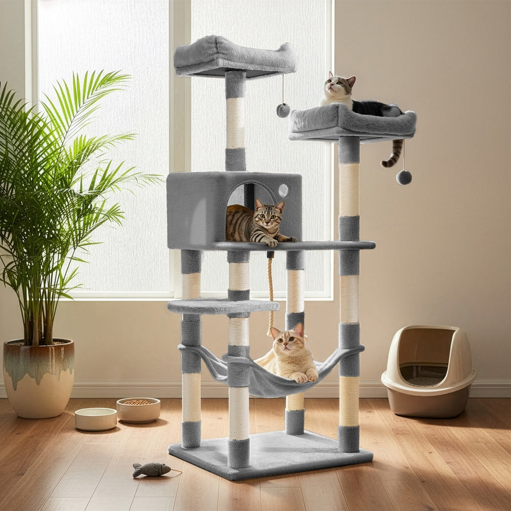 Cat Tree - Wood and Plush - Light Gray - with 11 Scratching Posts