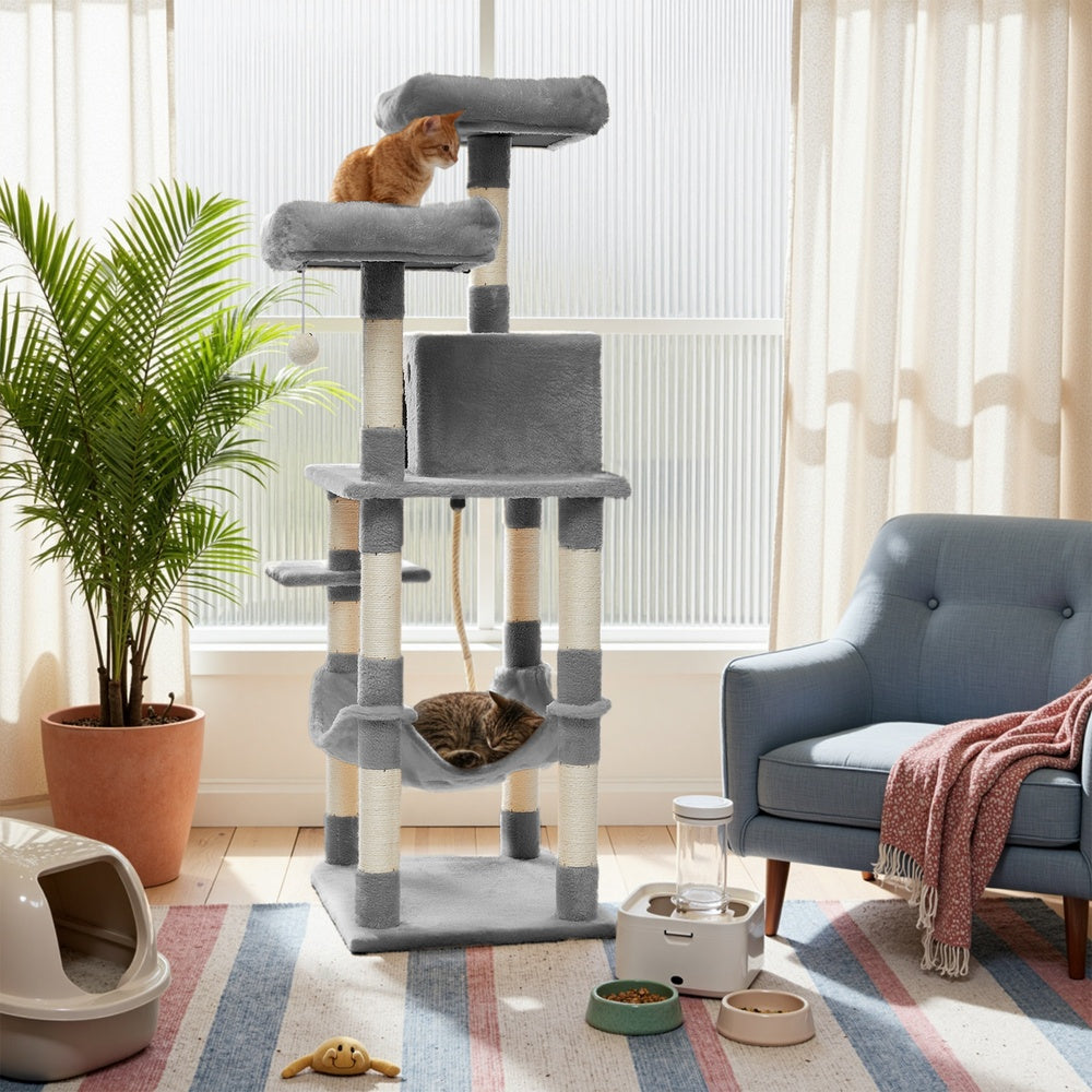 Cat Tree - Wood and Plush - Light Gray - with 11 Scratching Posts