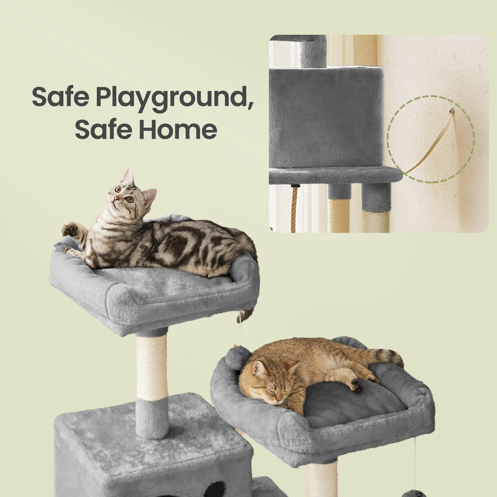Cat Tree - Wood and Plush - Light Gray - with 11 Scratching Posts