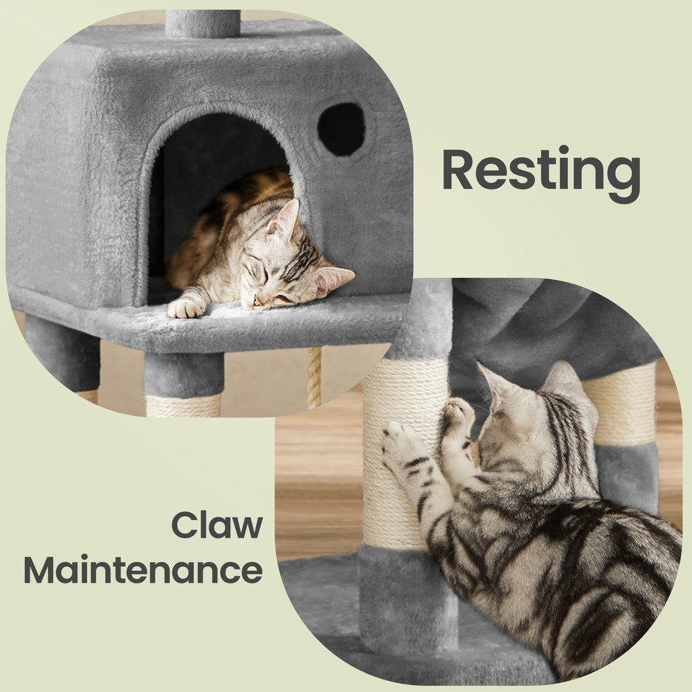 Cat Tree - Wood and Plush - Light Gray - with 11 Scratching Posts