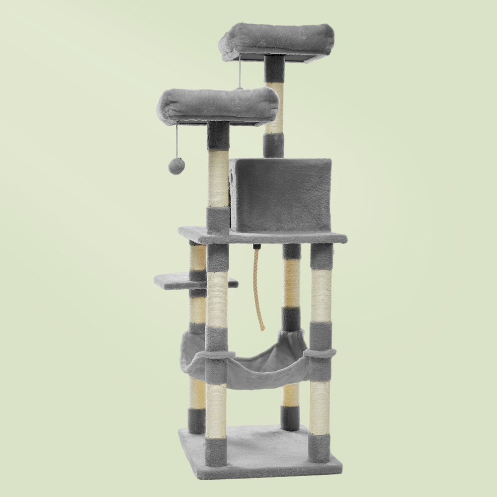 Cat Tree - Wood and Plush - Light Gray - with 11 Scratching Posts