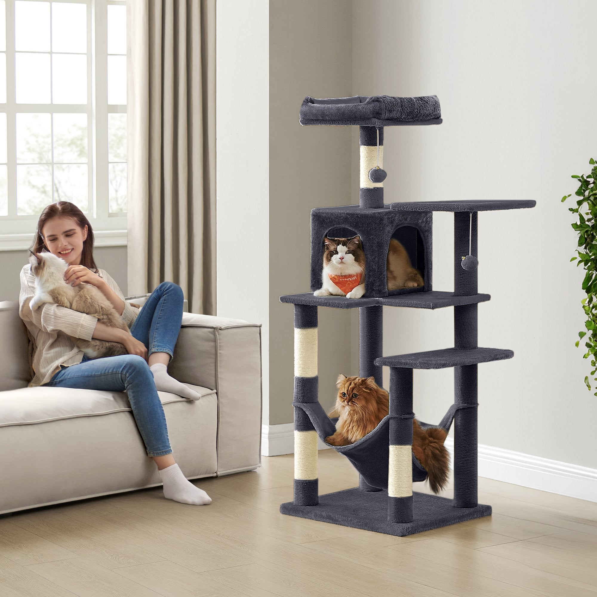 Multi-Level Cat Tree - Engineered Wood - Light Gray - Featuring 4 Scratching Posts