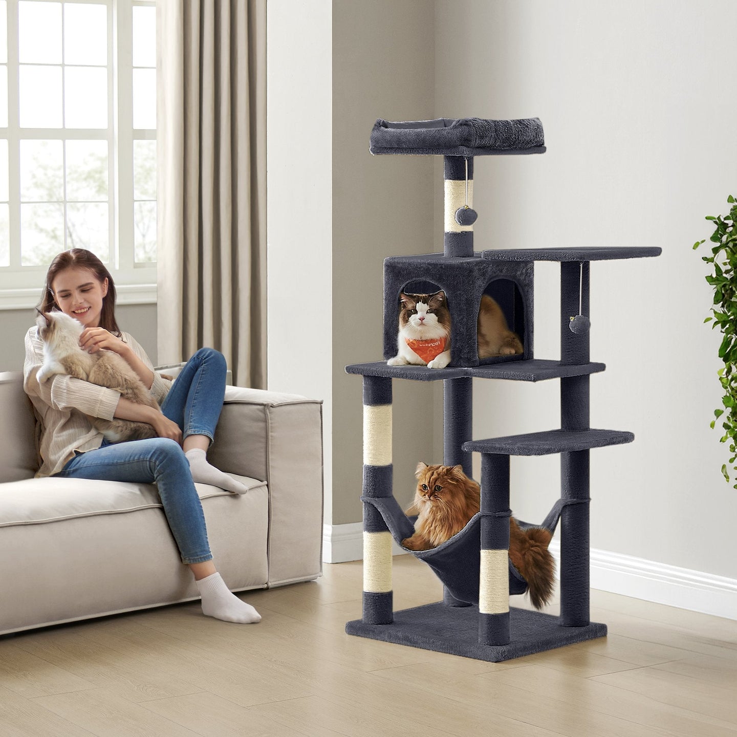 Multi-Level Cat Tree - Engineered Wood - Light Gray - Featuring 4 Scratching Posts