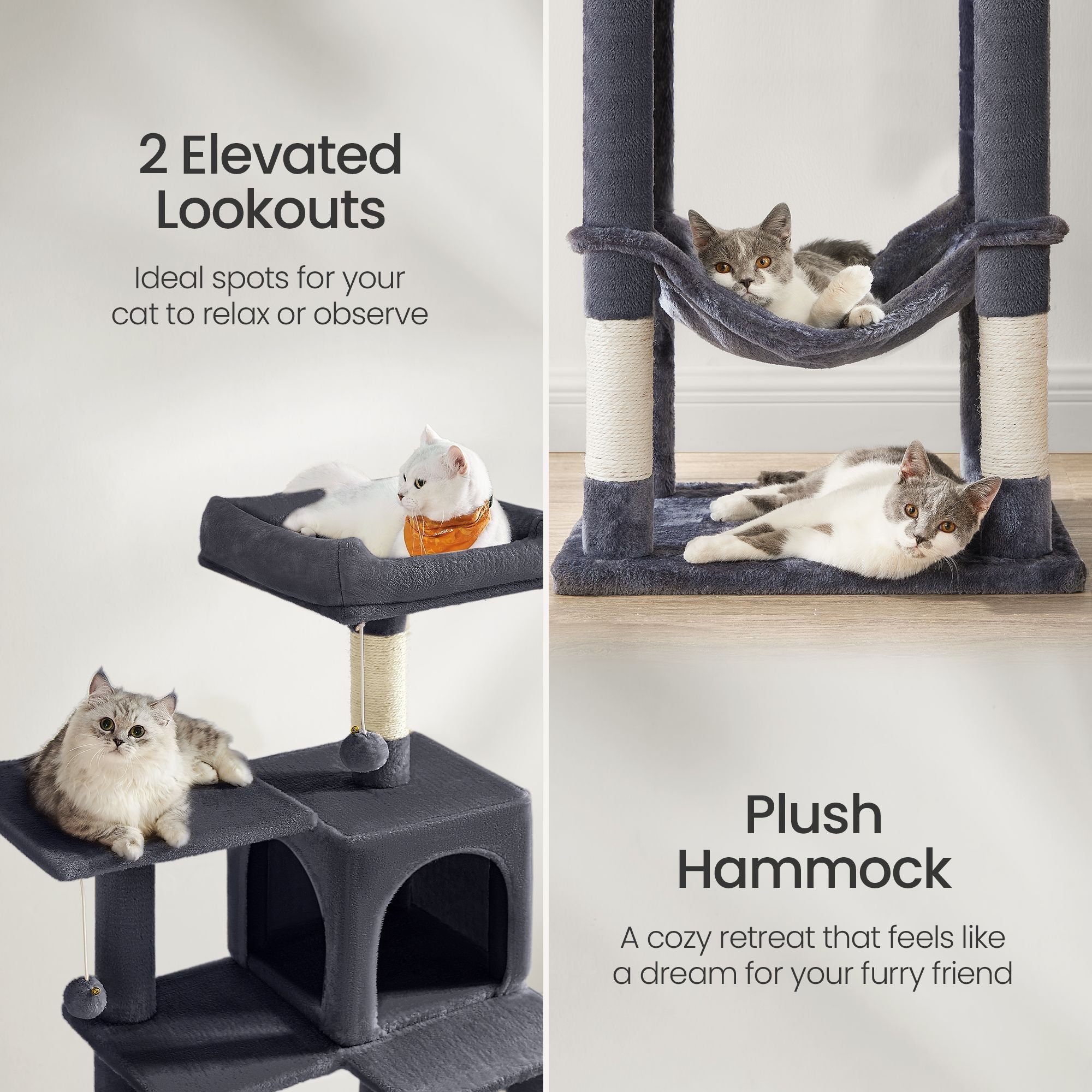 Multi-Level Cat Tree - Engineered Wood - Light Gray - Featuring 4 Scratching Posts