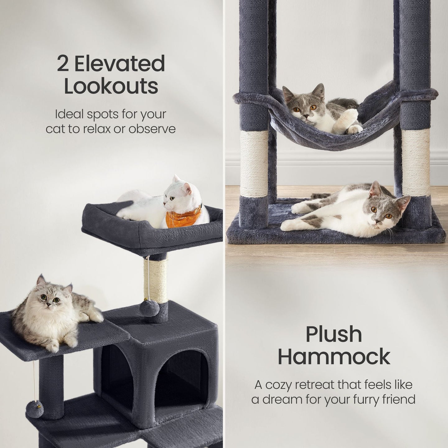 Multi-Level Cat Tree - Engineered Wood - Light Gray - Featuring 4 Scratching Posts