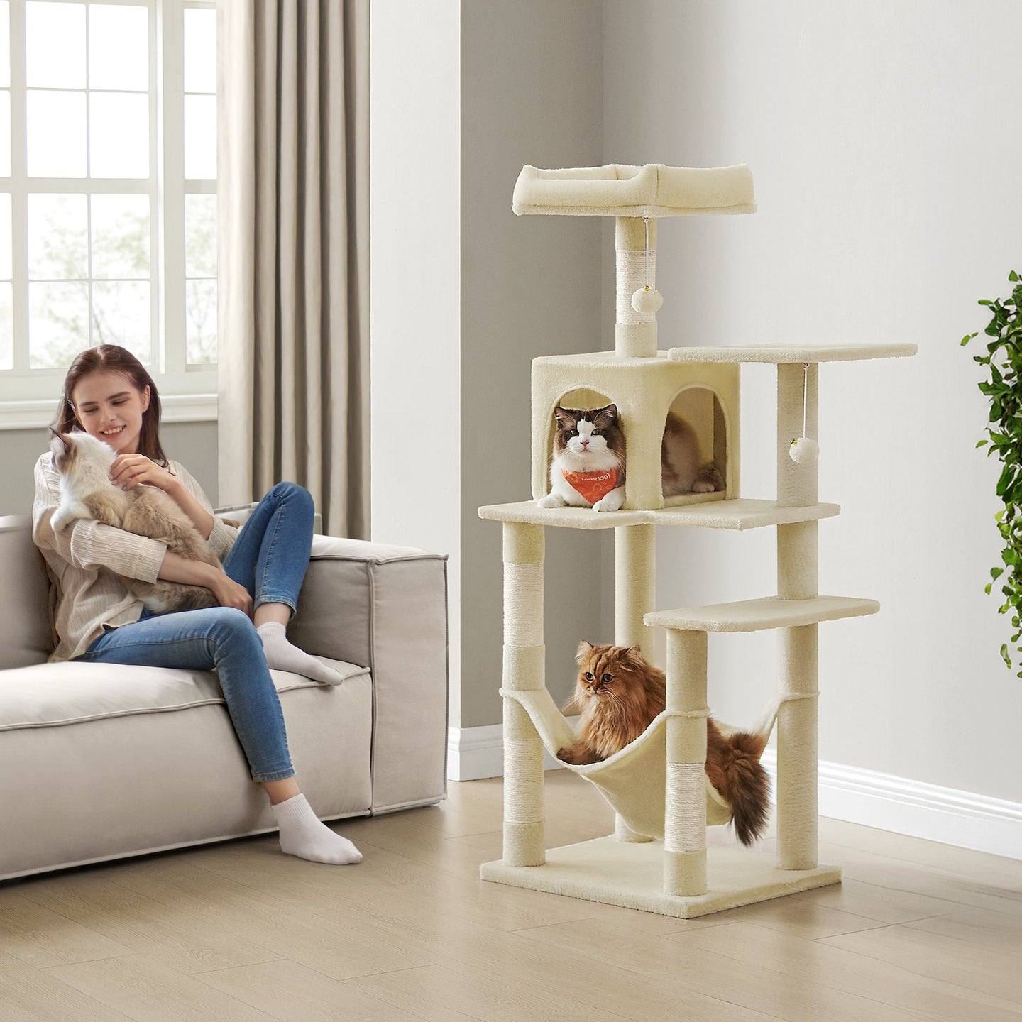 Multi-Level Cat Tree - Engineered Wood - Light Gray - Featuring 4 Scratching Posts