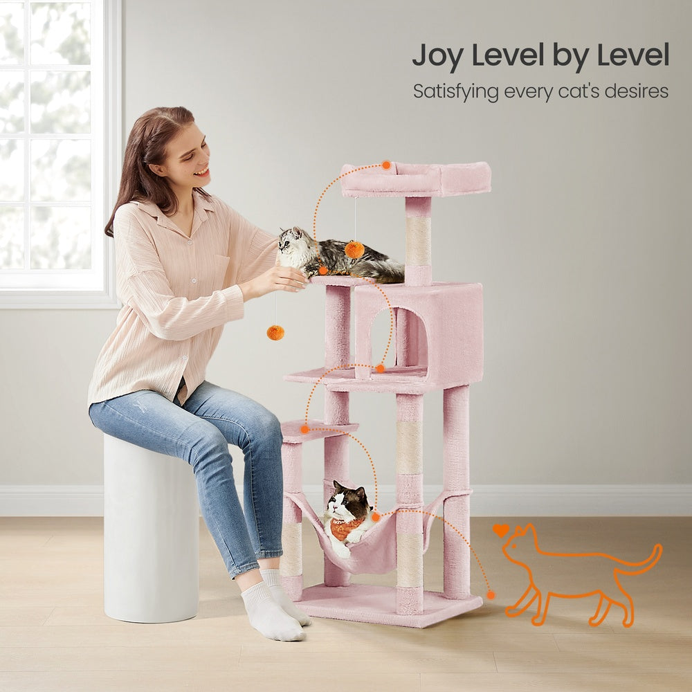 Multi-Level Plush Cat Play Tower - Wood and Plush Fabric - Pink