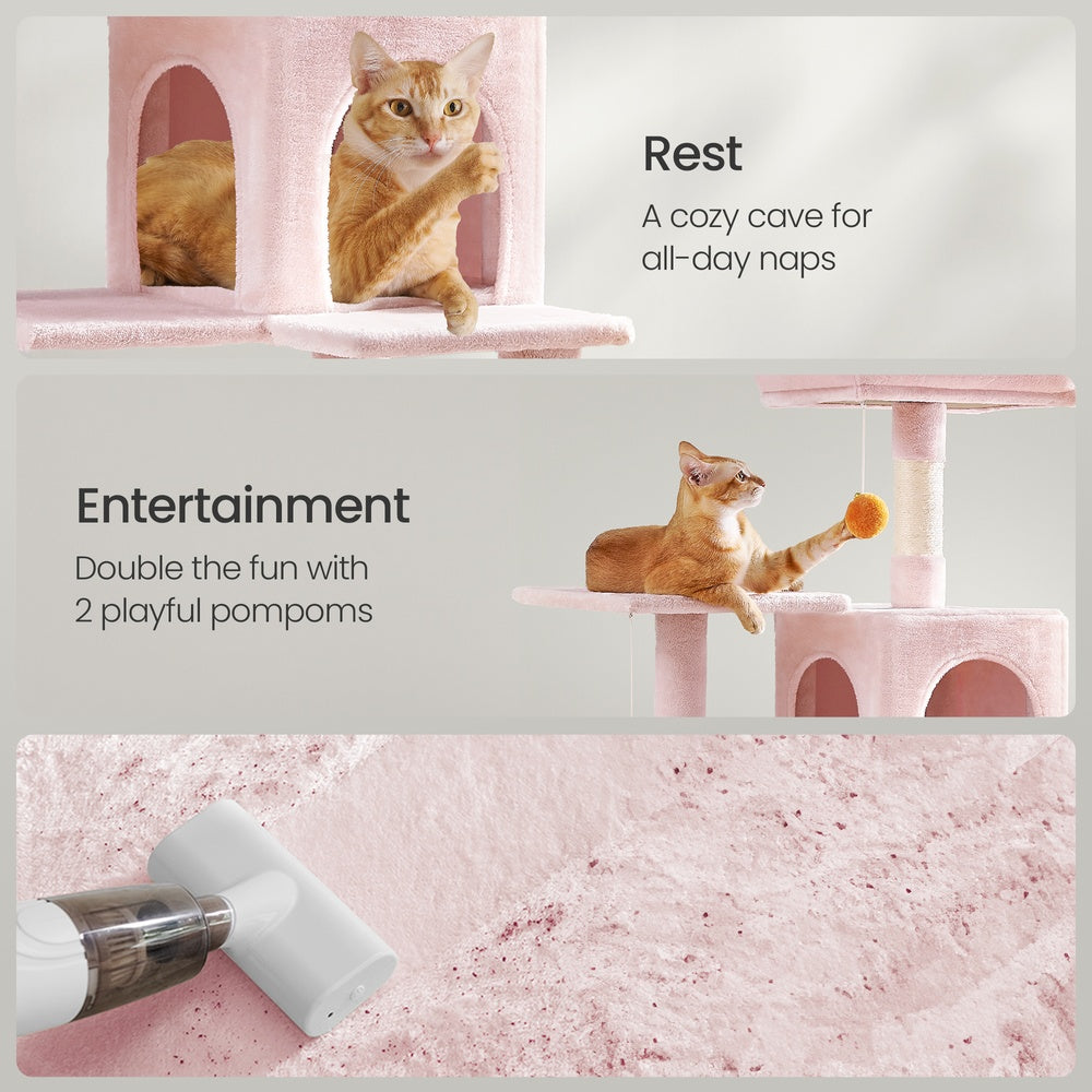 Multi-Level Plush Cat Play Tower - Wood and Plush Fabric - Pink