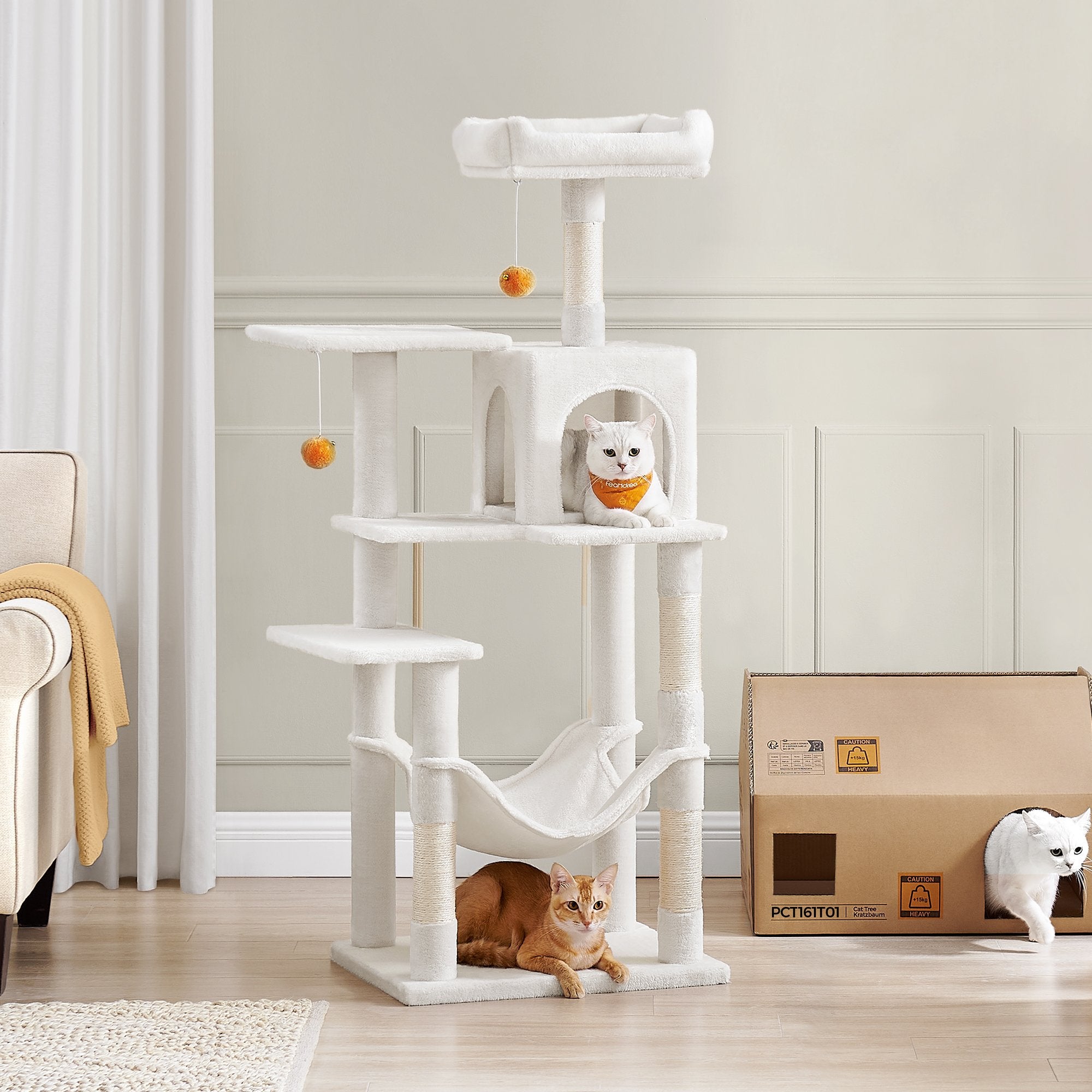 Multi-Level Cat Tree - Engineered Wood - Light Gray - Featuring 4 Scratching Posts