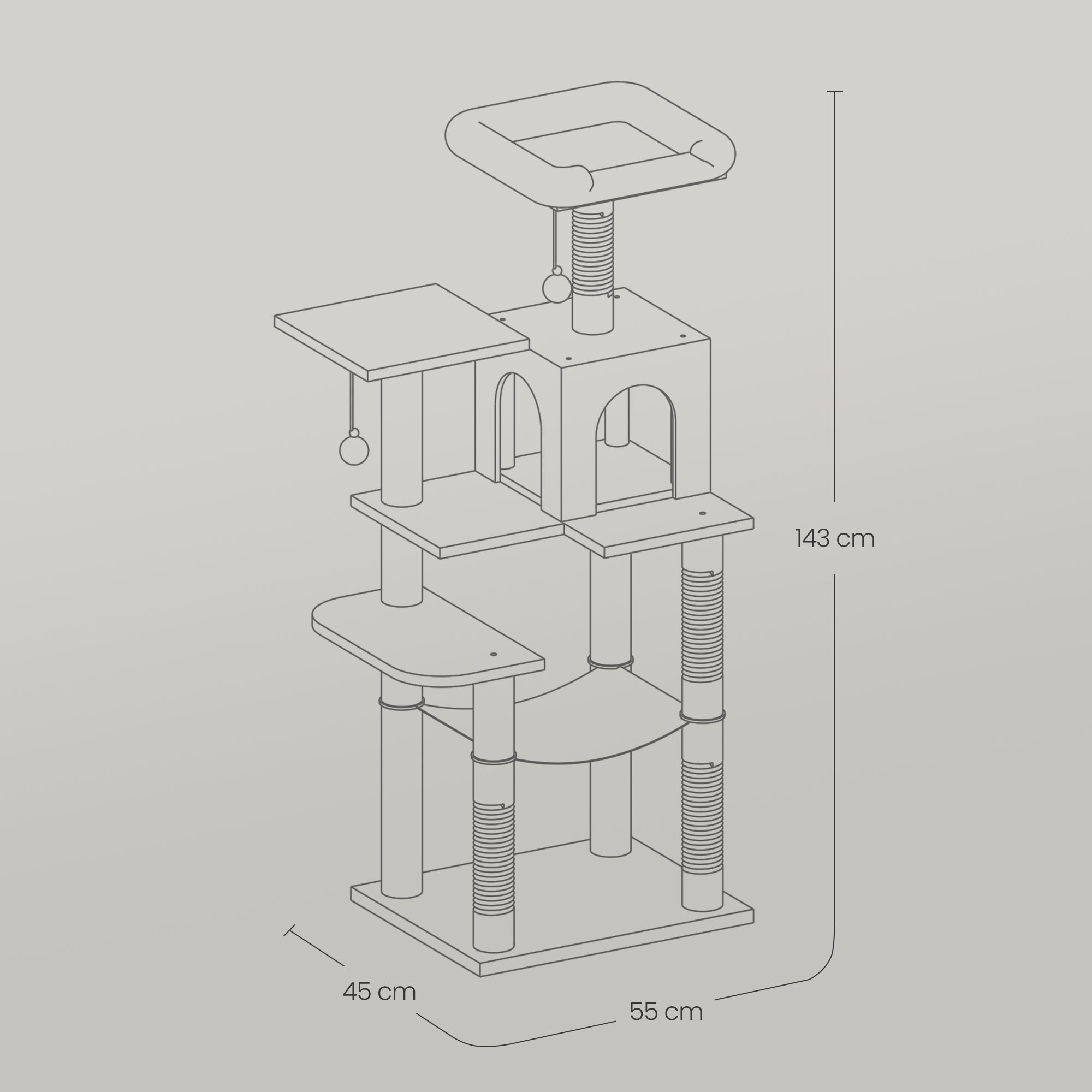 Multi-Level Cat Tree - Engineered Wood - Light Gray - Featuring 4 Scratching Posts