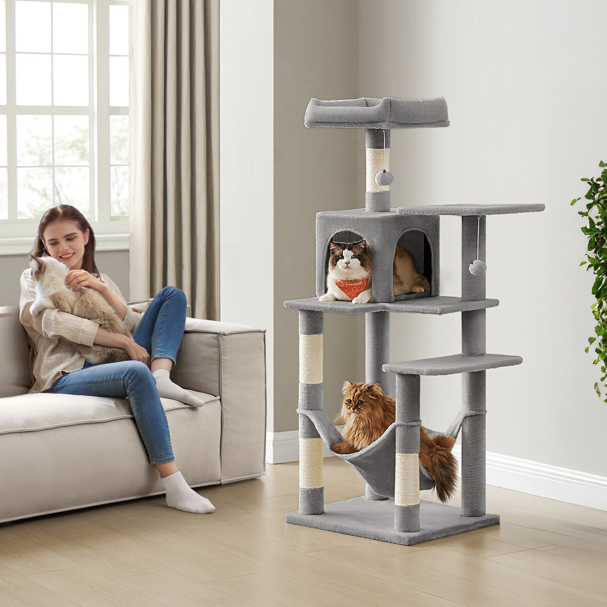 Cat Condo - Plush Fabric - Light Grey - Multi-Level with Scratching Posts and Perches
