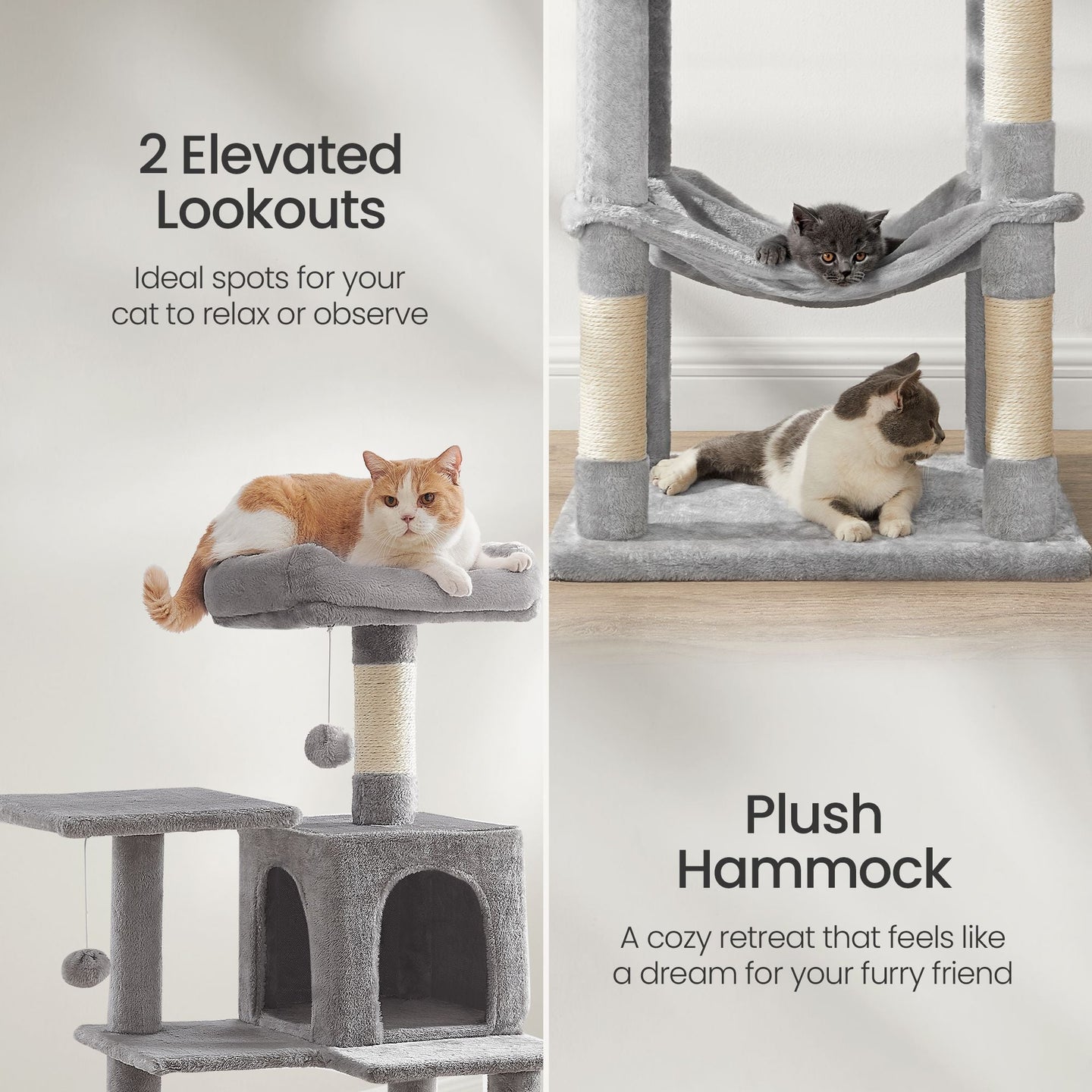Cat Condo - Plush Fabric - Light Grey - Multi-Level with Scratching Posts and Perches