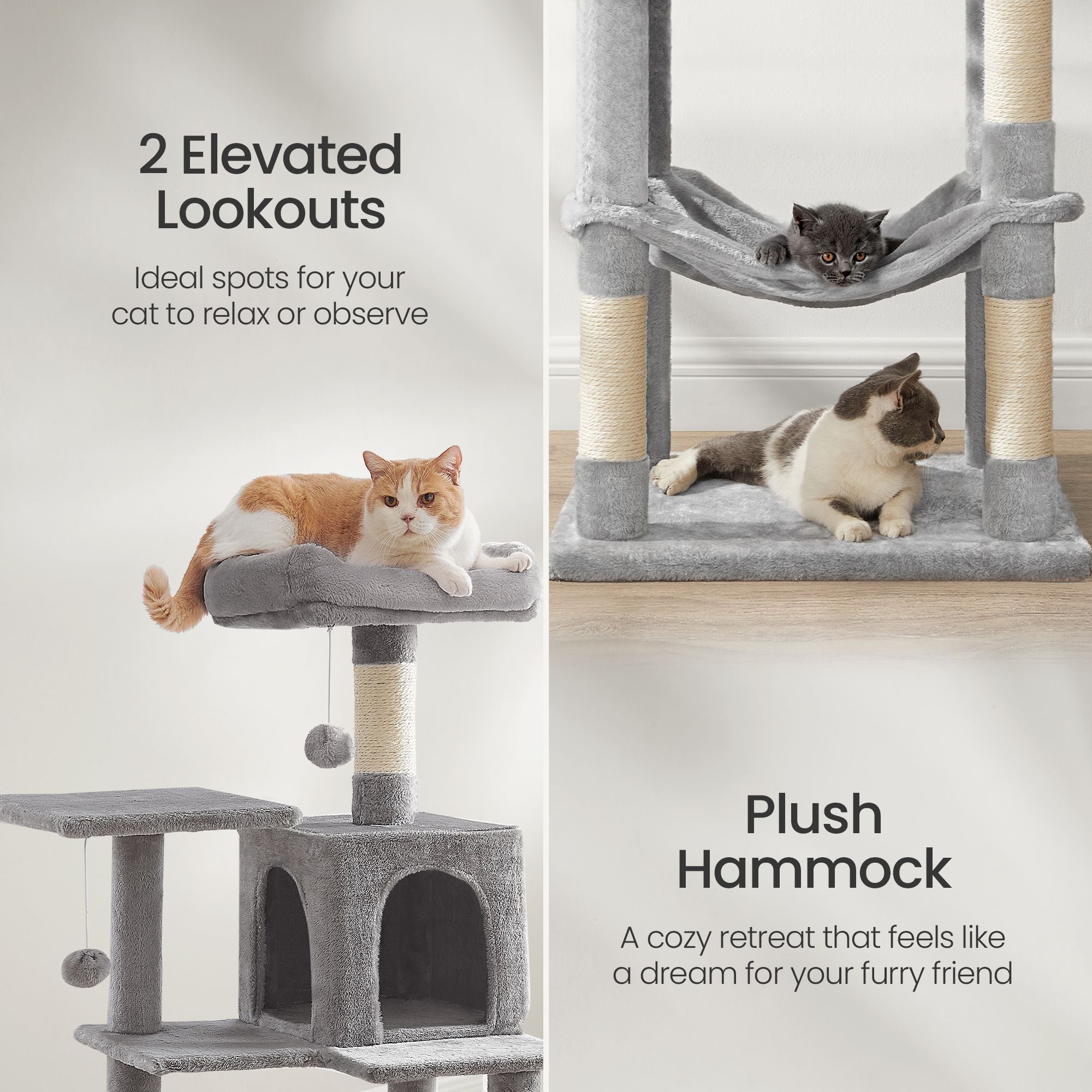 Cat Condo - Plush Fabric - Light Grey - Multi-Level with Scratching Posts and Perches