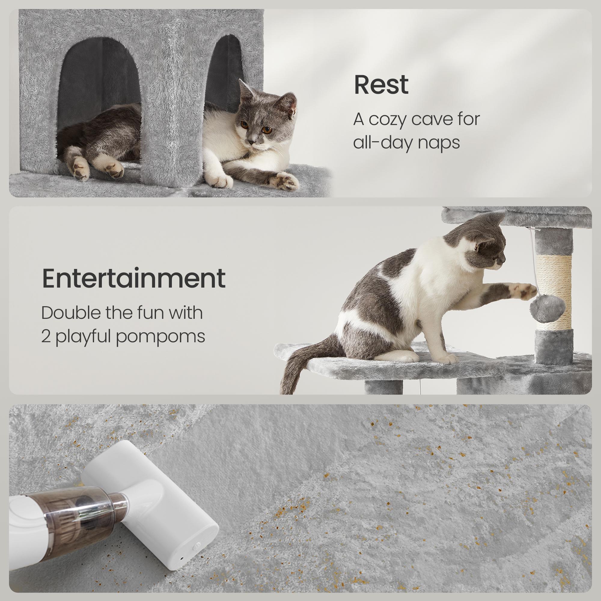 Cat Condo - Plush Fabric - Light Grey - Multi-Level with Scratching Posts and Perches