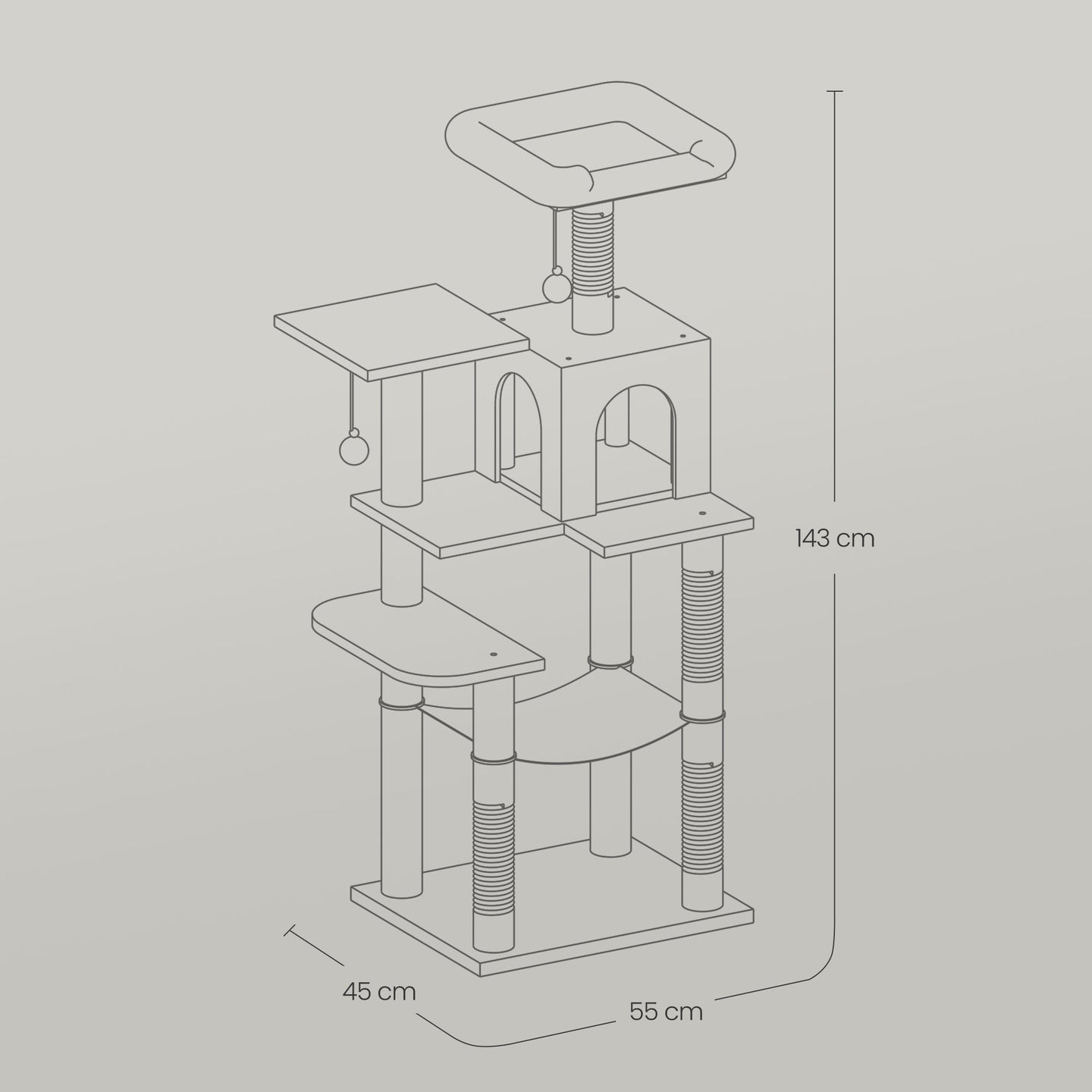 Cat Condo - Plush Fabric - Light Grey - Multi-Level with Scratching Posts and Perches