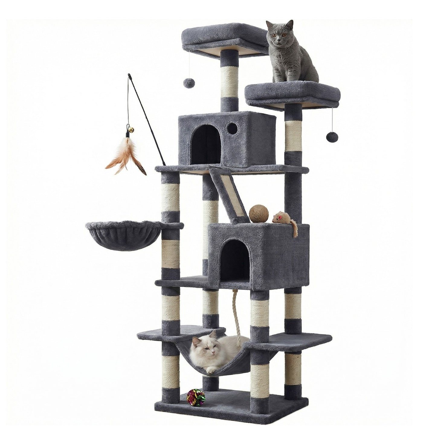 Multi-Level Cat Tree Tower - Wood and Plush - Grey