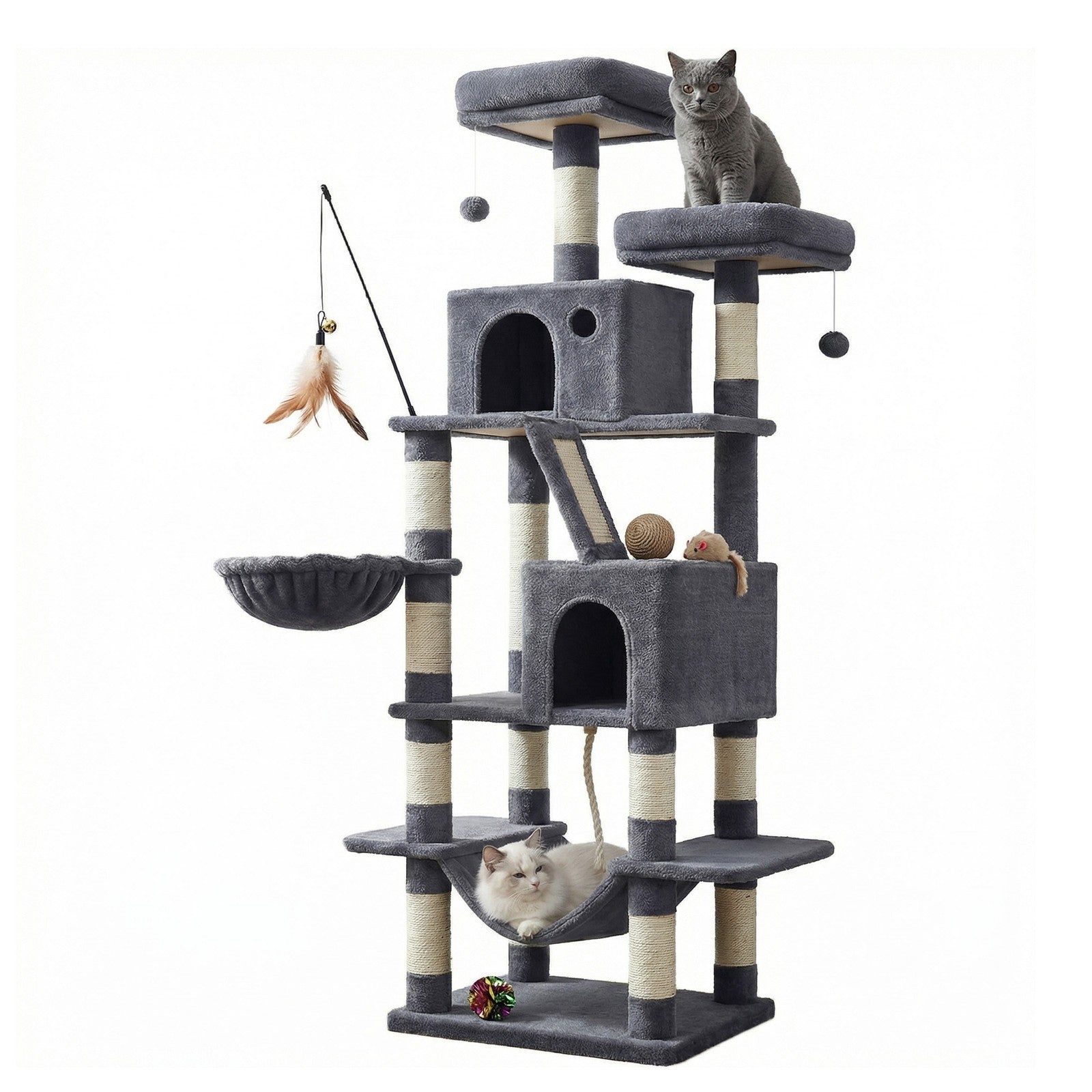 Multi-Level Cat Tree Tower - Wood and Plush - Grey