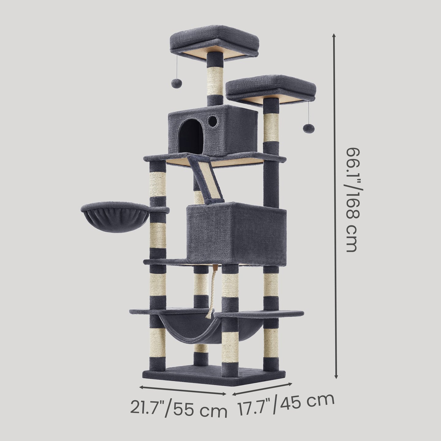 Multi-Level Cat Tree Tower - Wood and Plush - Grey