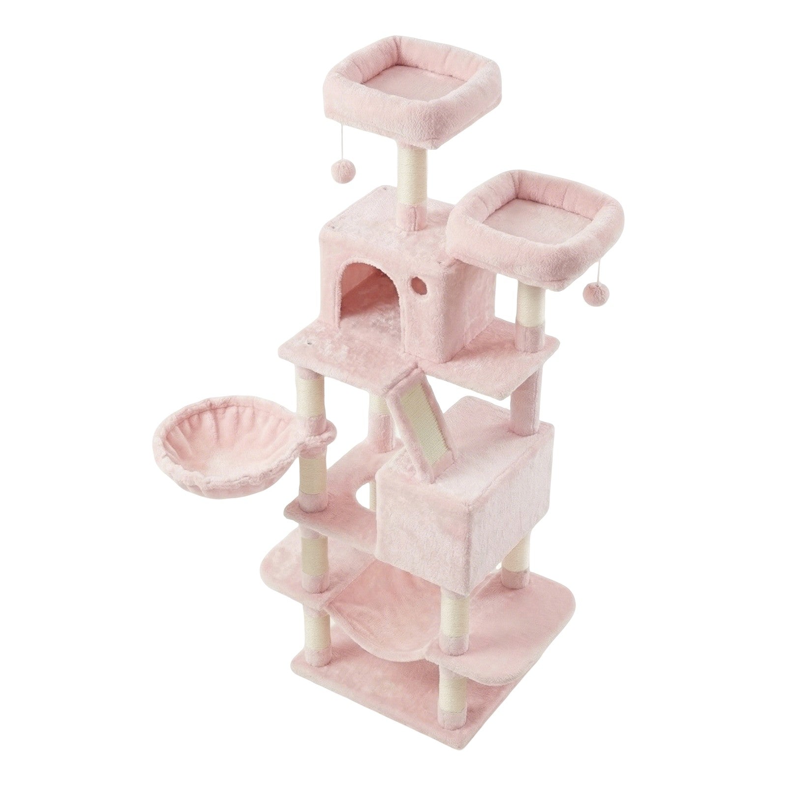 Large Cat Tree - Wood and Plush - Pink - with 13 Scratching Posts