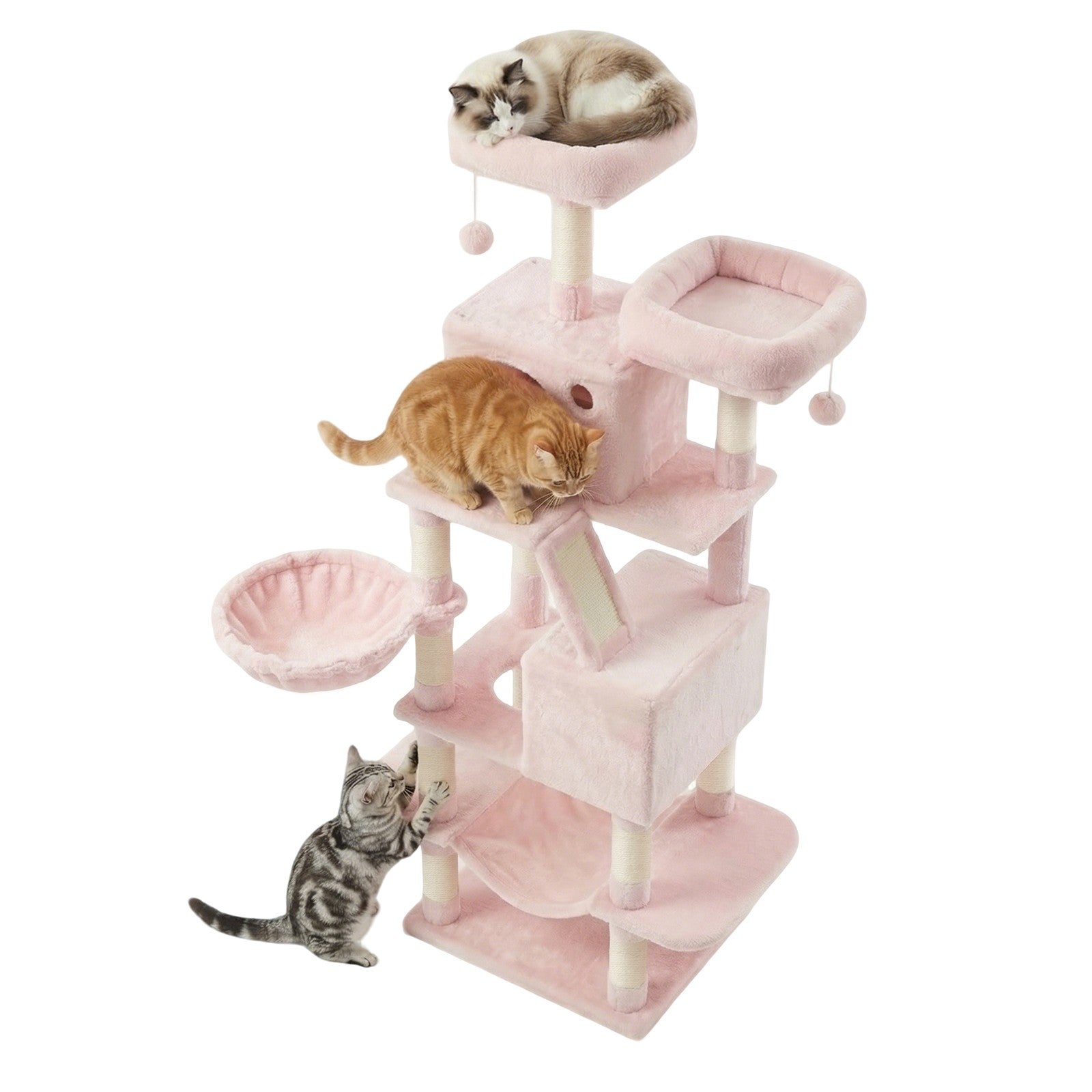 Large Cat Tree - Wood and Plush - Pink - with 13 Scratching Posts