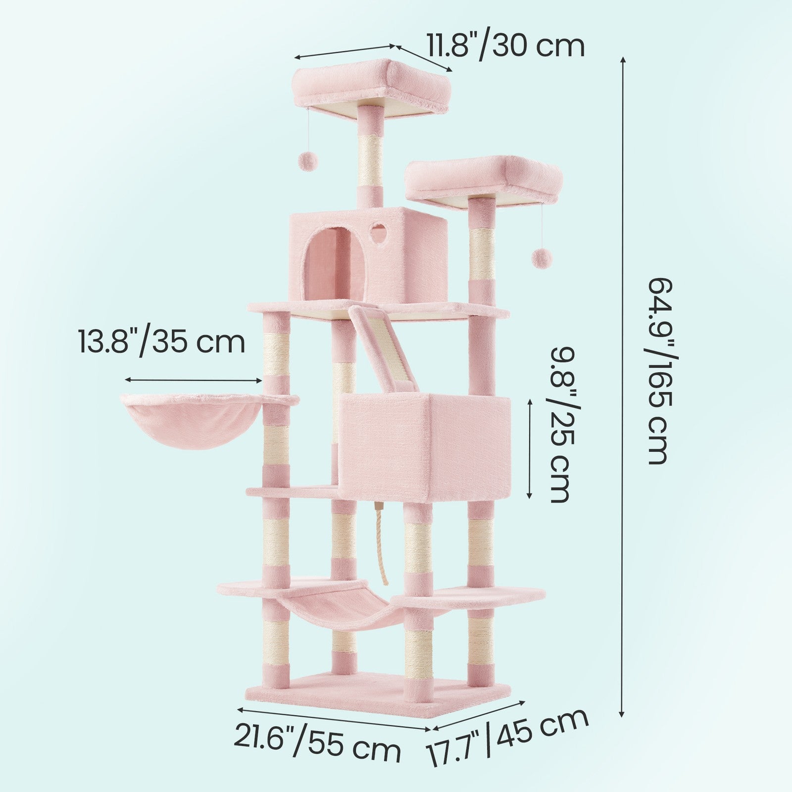 Large Cat Tree - Wood and Plush - Pink - with 13 Scratching Posts