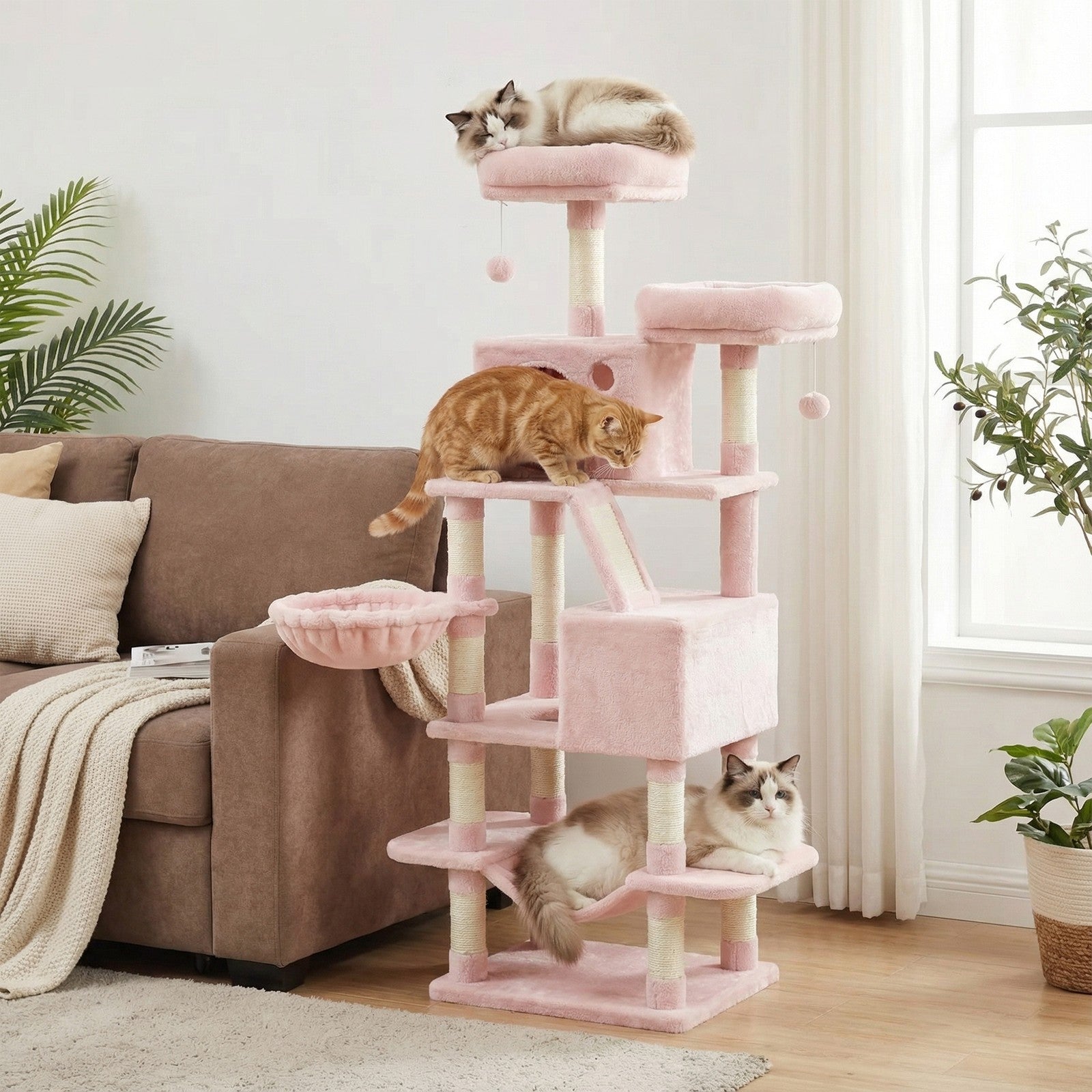 Large Cat Tree - Wood and Plush - Pink - with 13 Scratching Posts