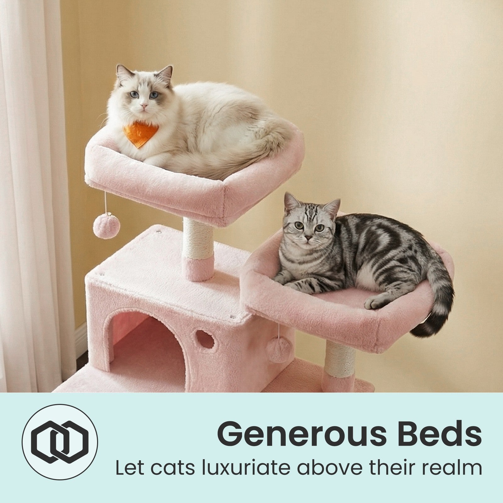 Large Cat Tree - Wood and Plush - Pink - with 13 Scratching Posts