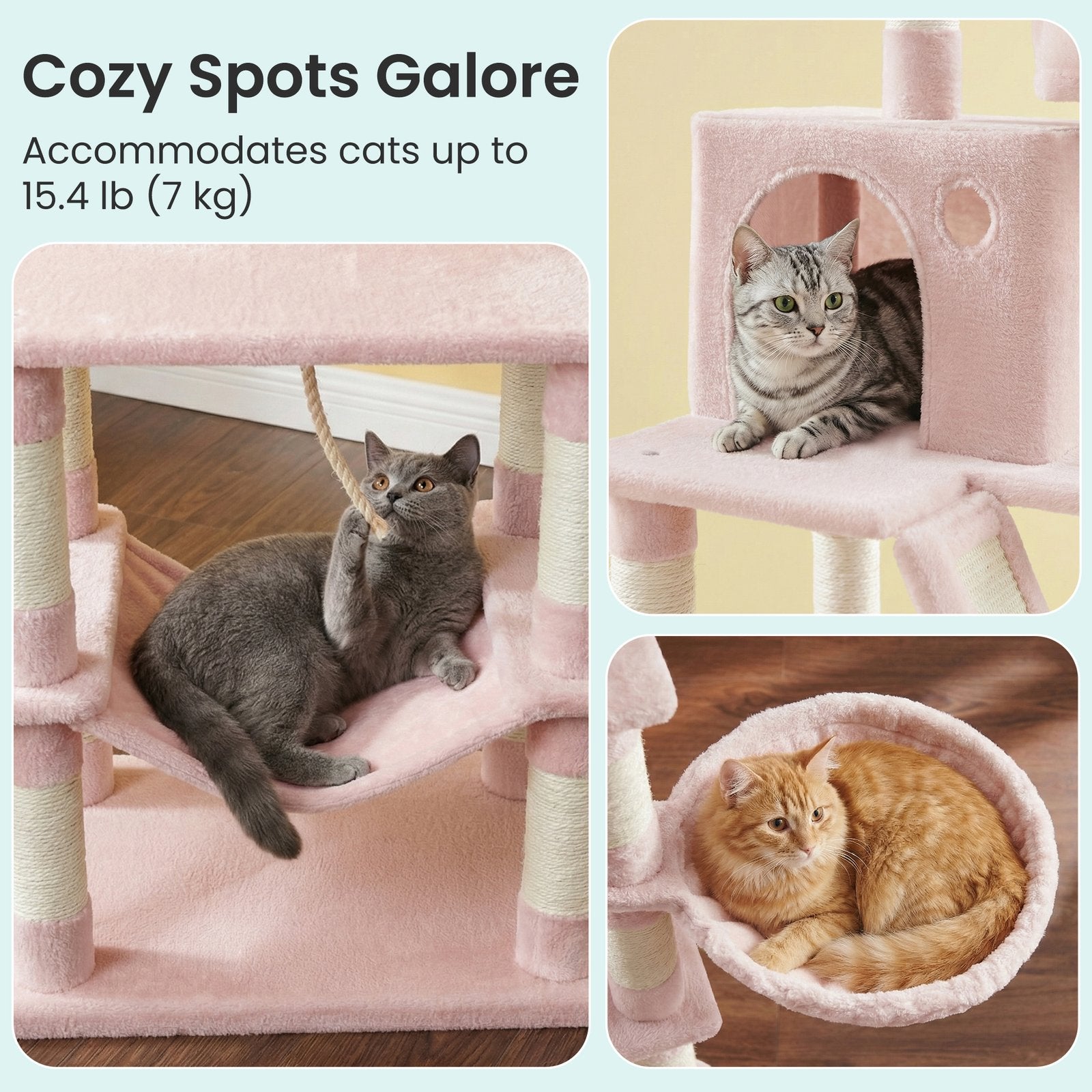 Large Cat Tree - Wood and Plush - Pink - with 13 Scratching Posts