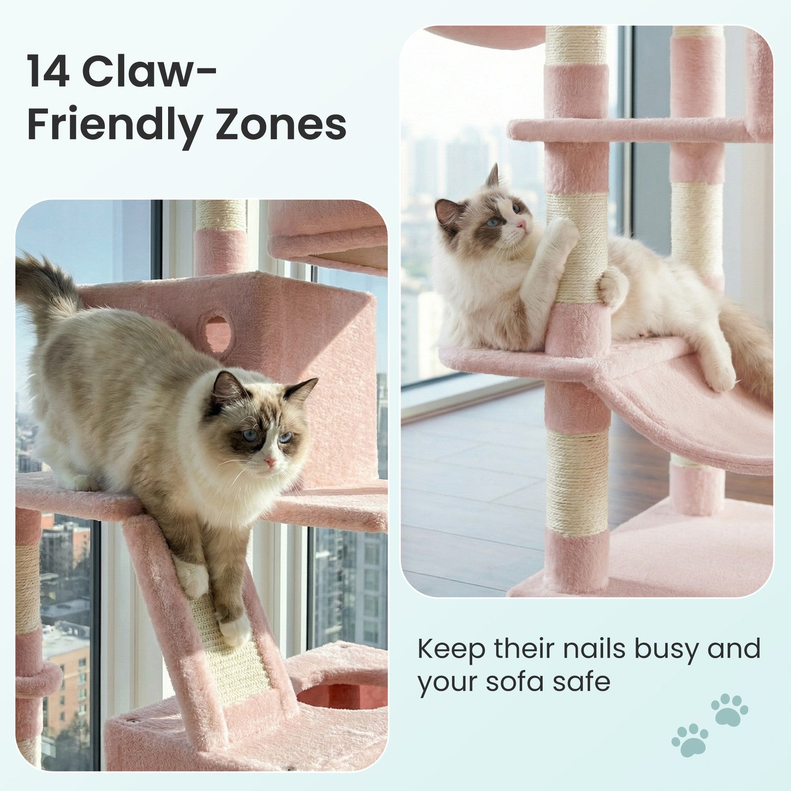 Large Cat Tree - Wood and Plush - Pink - with 13 Scratching Posts