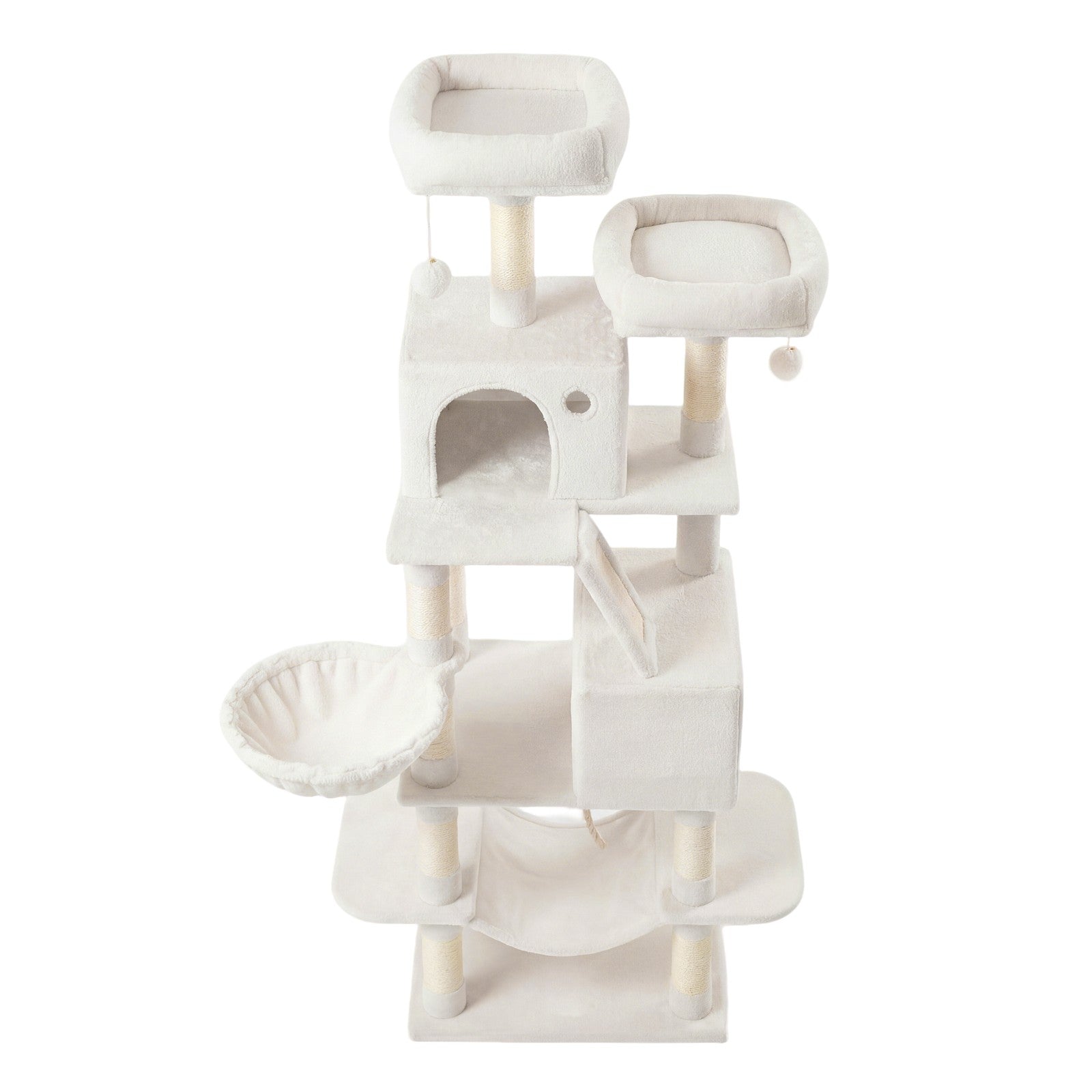 Large Cat Tree - Wood and Plush - White - with 13 Scratching Posts