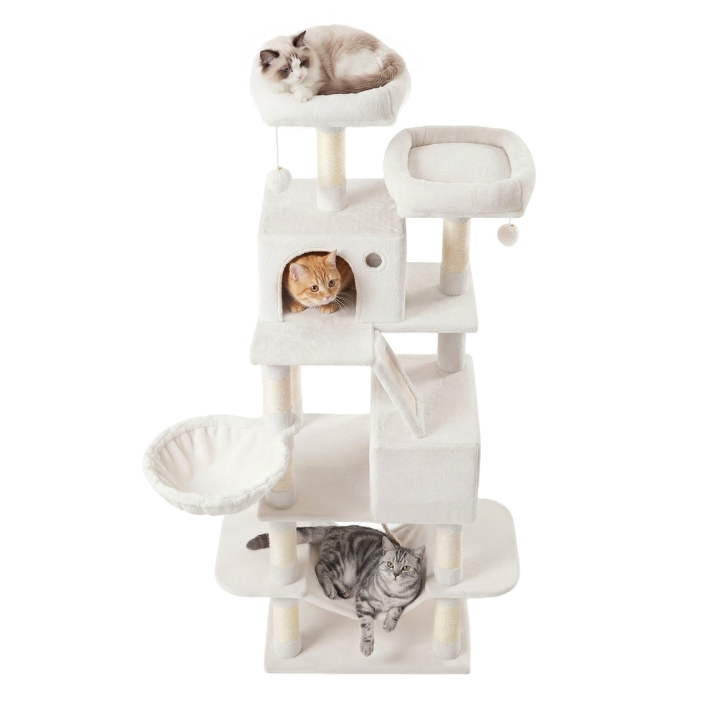 Large Cat Tree - Wood and Plush - White - with 13 Scratching Posts