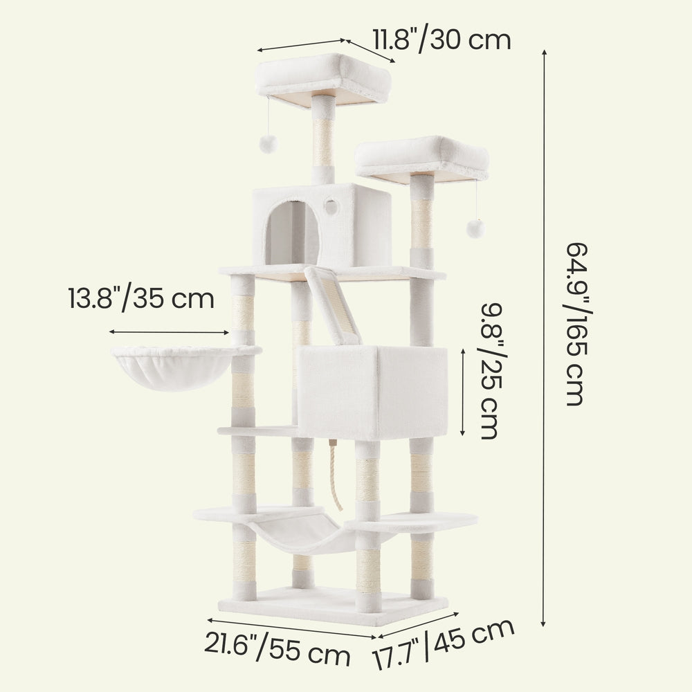 Large Cat Tree - Wood and Plush - White - with 13 Scratching Posts