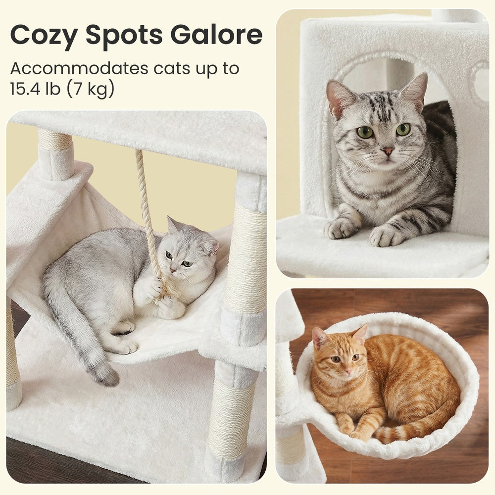 Large Cat Tree - Wood and Plush - White - with 13 Scratching Posts