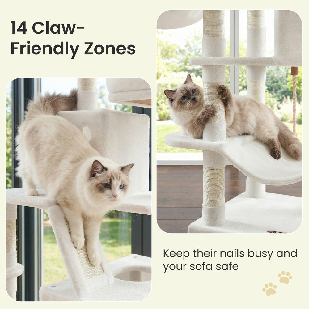 Large Cat Tree - Wood and Plush - White - with 13 Scratching Posts