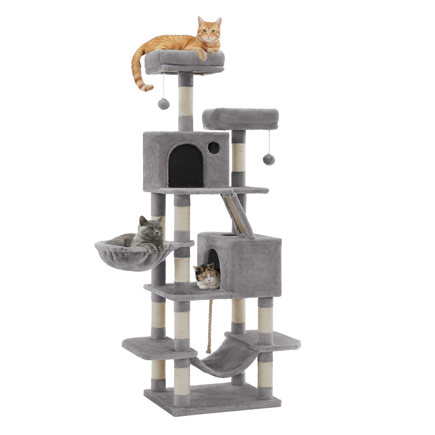 Large Cat Tree - Wood and Plush - Gray - with 13 Scratching Posts