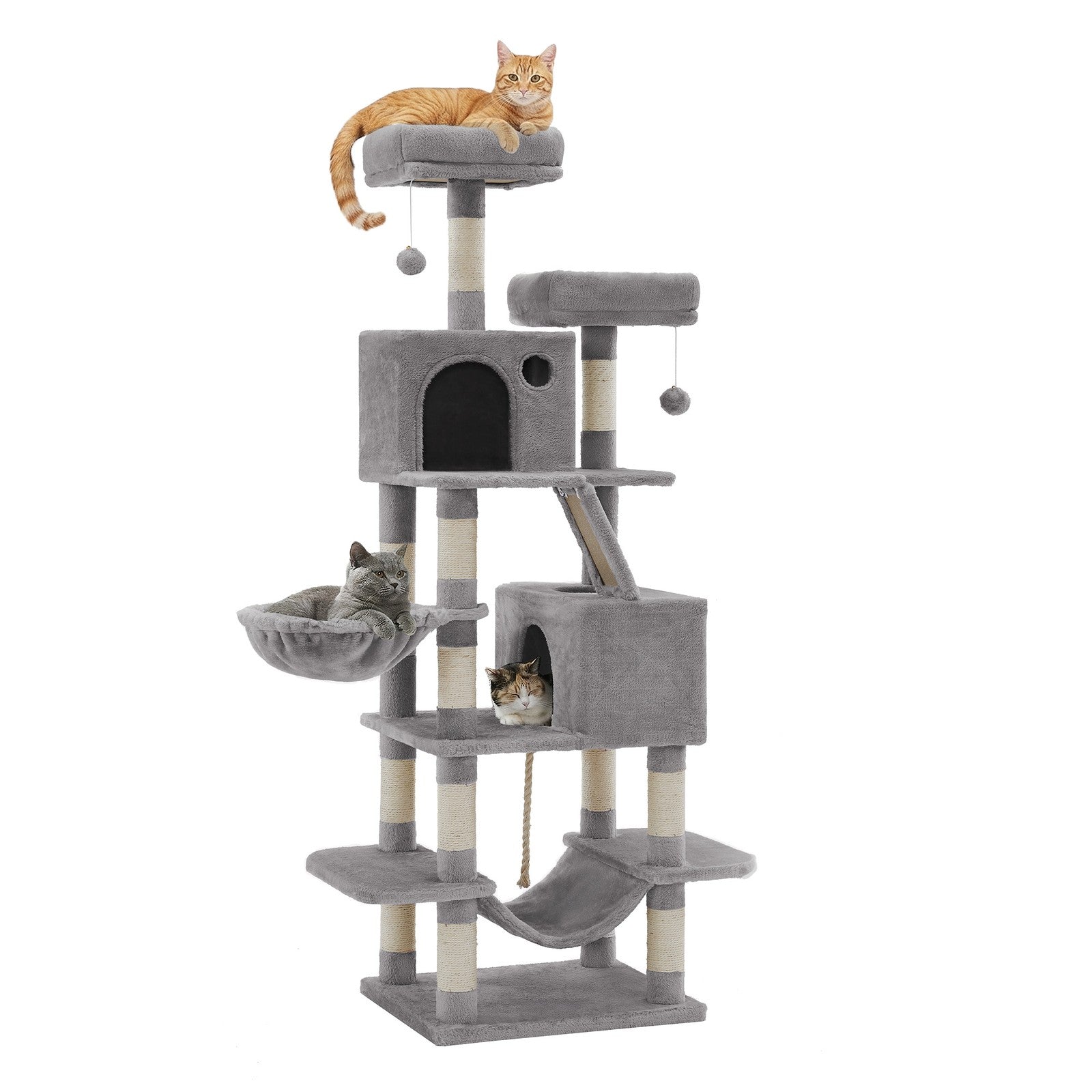 Large Cat Tree - Wood and Plush - Gray - with 13 Scratching Posts