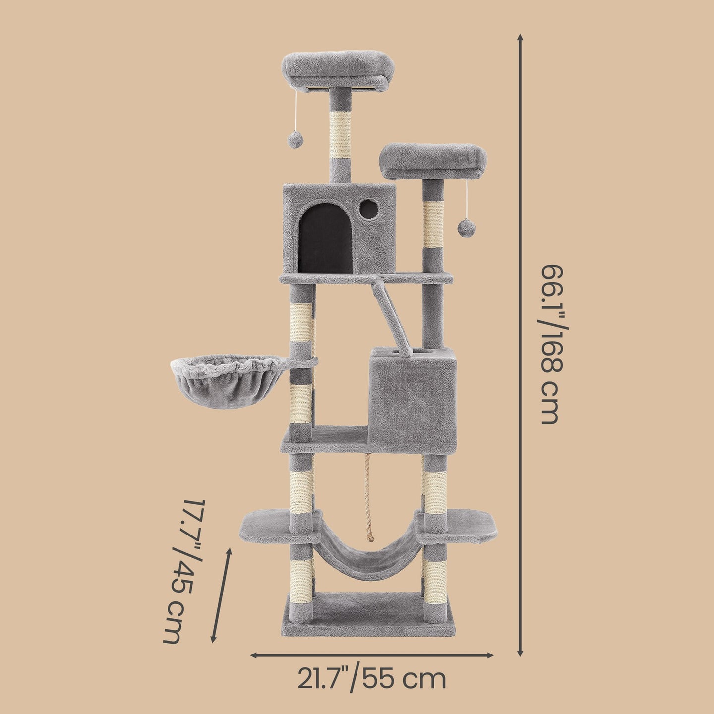 Large Cat Tree - Wood and Plush - Gray - with 13 Scratching Posts