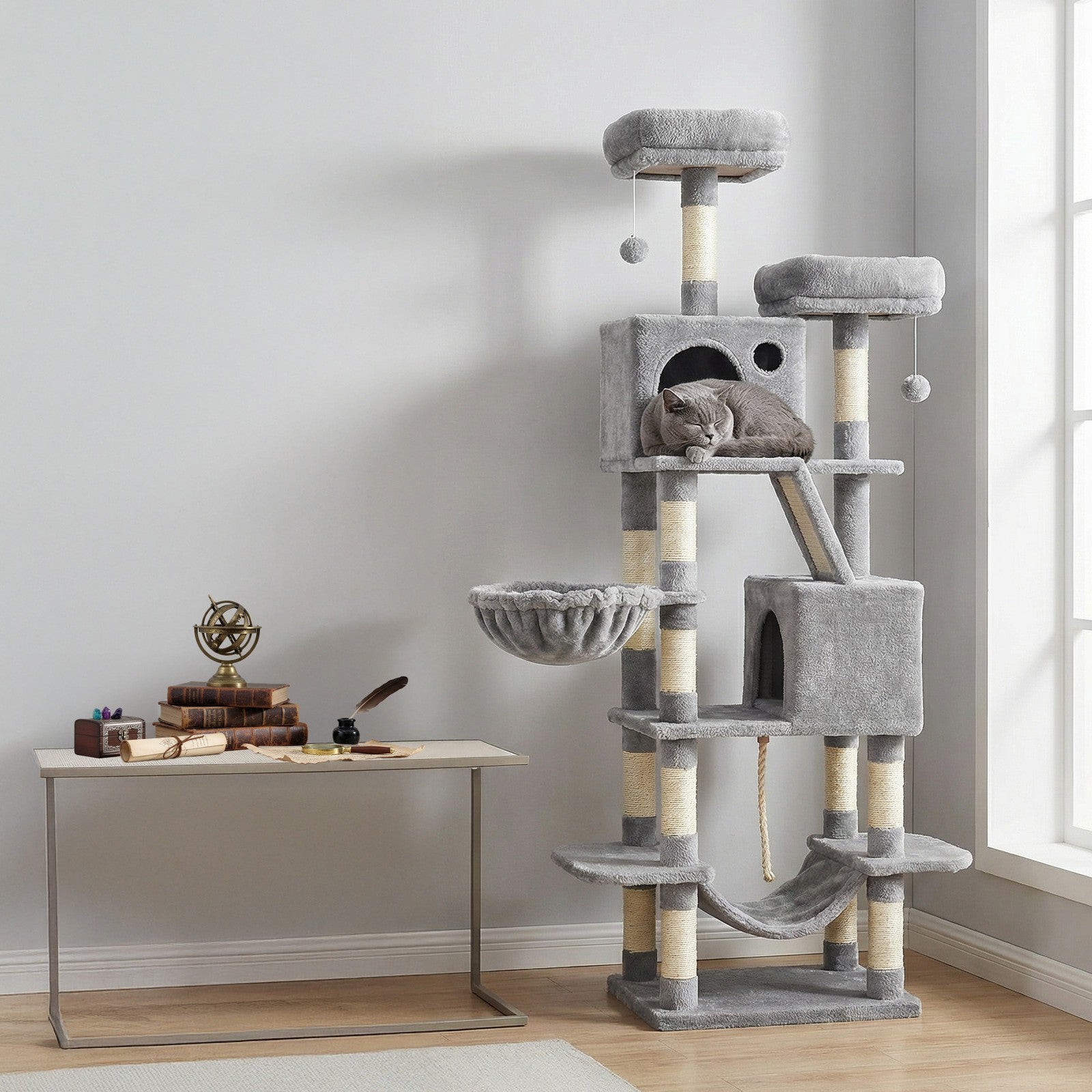 Large Cat Tree - Wood and Plush - Gray - with 13 Scratching Posts