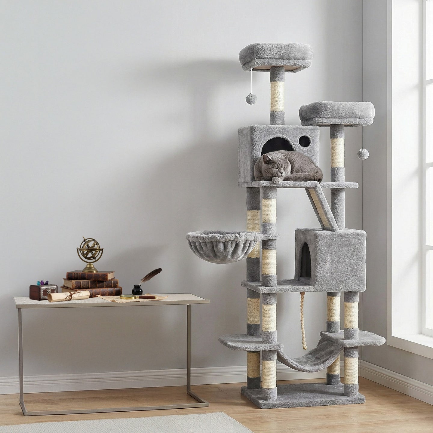 Large Cat Tree - Wood and Plush - Gray - with 13 Scratching Posts