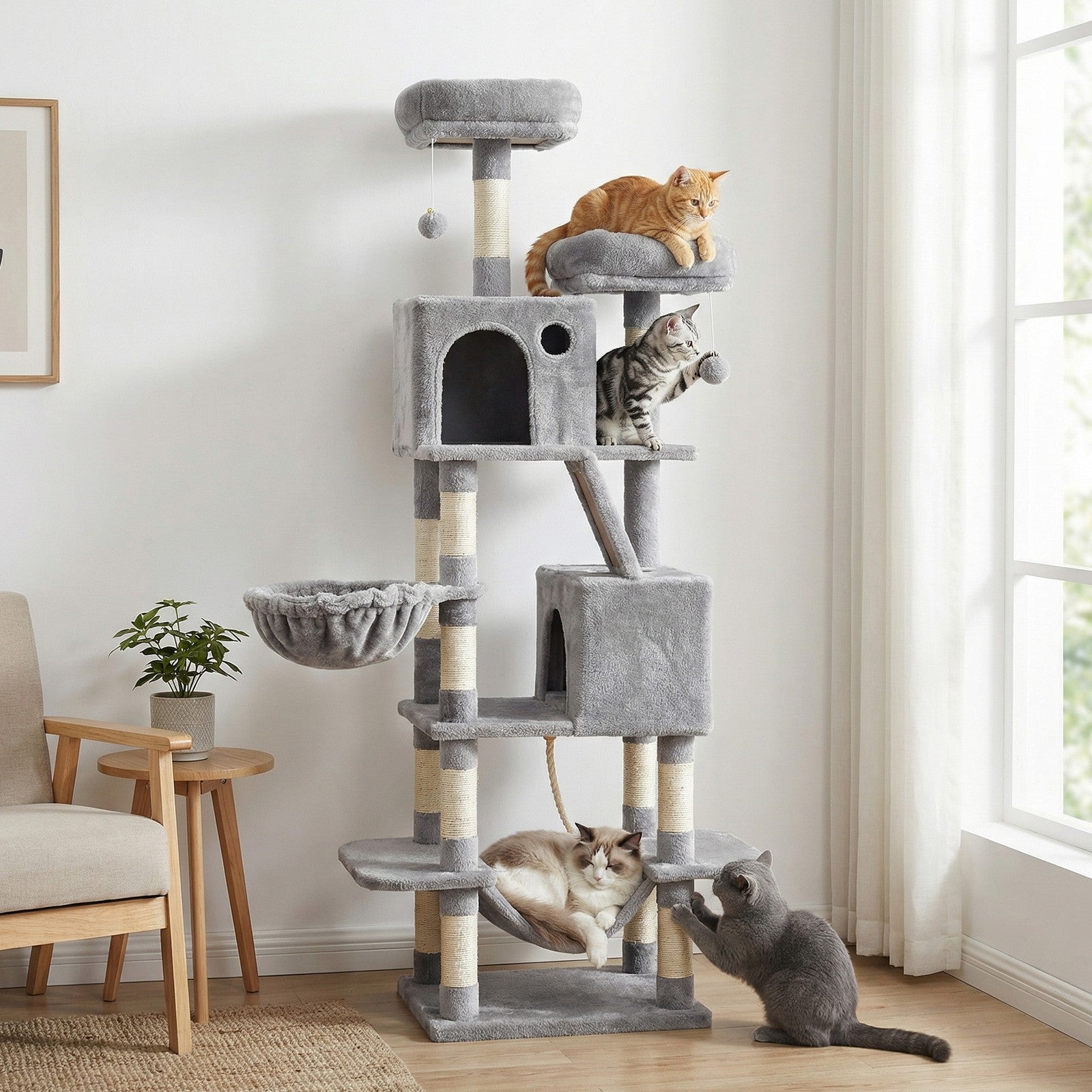 Large Cat Tree - Wood and Plush - Gray - with 13 Scratching Posts
